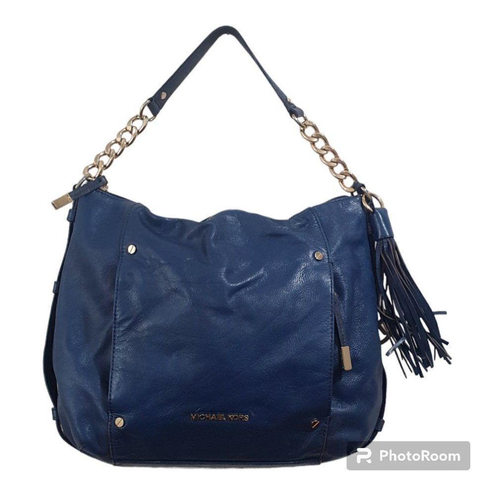 MICHAEL KORS BLUE LEATHER GOLD CHAIN DEVON LARGE SHOULDER TOTE BAG PURSE - Picture 2 of 16